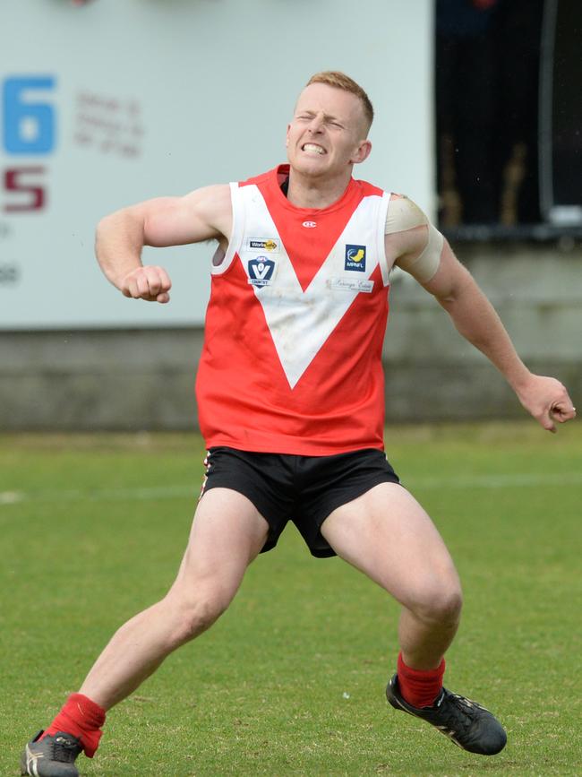 Josh Mold celebrates a goal.