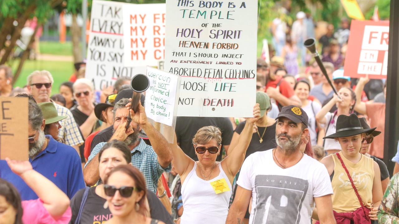 Protesters congregate at the Cenotaph at a Free in the NT march in Darwin. Picture: Glenn Campbell