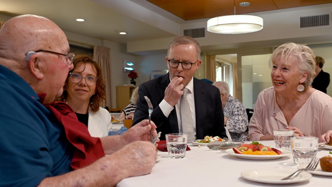 The Prime Minister joined in on afternoon tea alongside Ms Beer and Aged Care Minister Anika Wells. Picture: NCA NewsWire