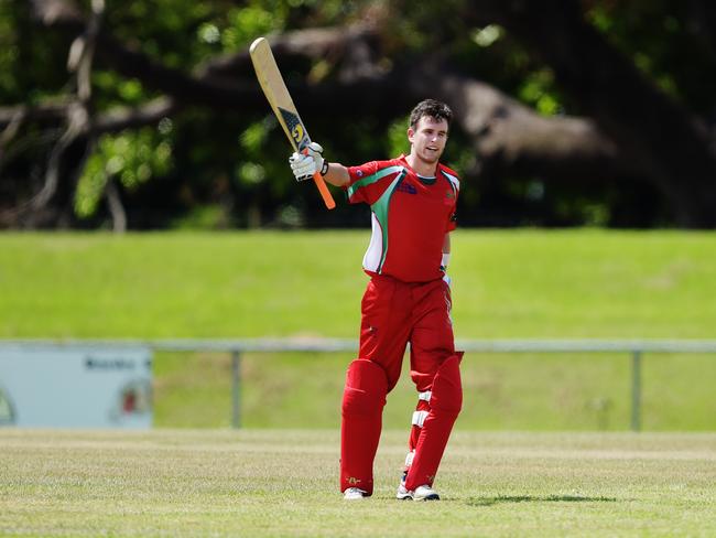 Waratah captain Brad Schmulian brings up a century against Tracy Village in 2018. Picture: Keri Megelus