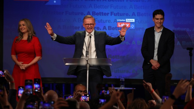 Australia's 31st Prime Minister Anthony Albanese delivers his victory speech flanked by partner partner Jodie Haydon and son Nathan  Picture: Sam Ruttyn