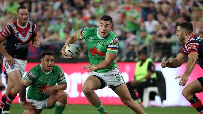 Canberra winger Nick Cotric is being chased hard by Canterbury. Picture: Jonathan Ng