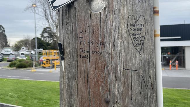 Messages on a power pole written for Tony Muller, who was killed in a motorbike collision on Boronia Rd on September 20, 2022. Picture: Kiel Egging.