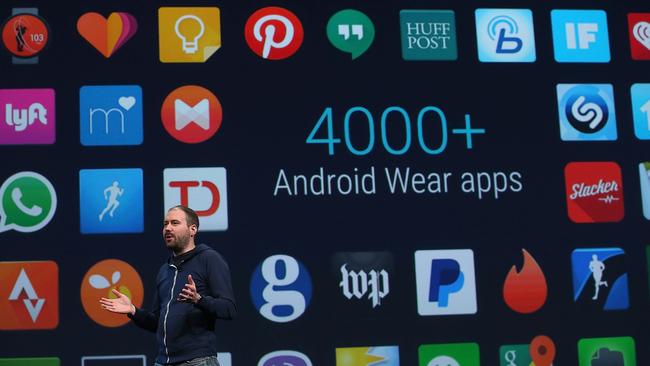 Watch this space ... Google Android Wear director David Singleton announces updates during the 2015 Google I/O conference in San Francisco.