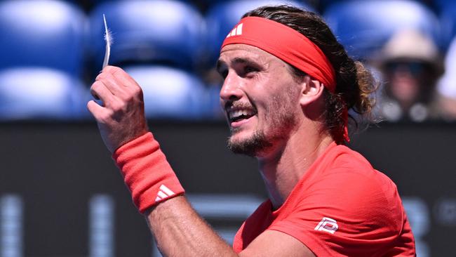 Zverev with the offending feather in question during the second set. Picture: William West / AFP