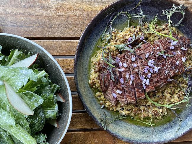 Gather at Coriole, dry aged beef on creamed grains. Picture: Jessica Galletly