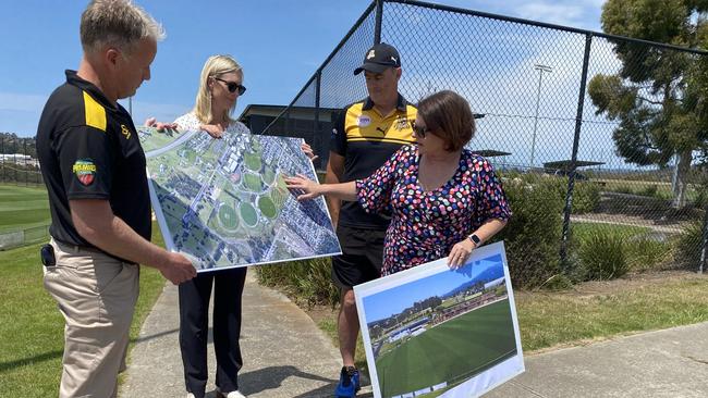 Kingborough Mayor Paula Wriedt looks over Twin Ovals plans with Knights cricket club president Jeff Ross, Deputy Mayor Clare Glade-Wright and Michael McGregor, of the Tigers TSL team. Picture James Bresnehan