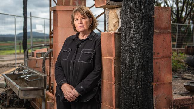Clifton Creek Primary School principal Sue Paul at the burnt-out school. Picture: Jason Edwards