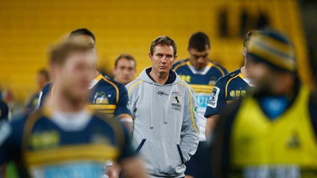 WELLINGTON, NEW ZEALAND - JUNE 27: Brumbies coach Stephen Larkham walks off with his team following the Super Rugby Semi Final match between the Hurricanes and the Brumbies at Westpac Stadium on June 27, 2015 in Wellington, New Zealand. (Photo by Phil Walter/Getty Images)