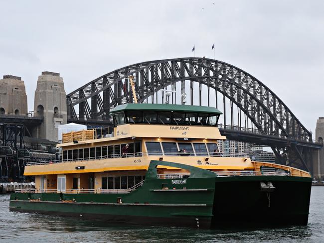 The new Manly Ferry "Fairlight" leaving Circular Quay on a cold and windy day. Picture: Adam Yip