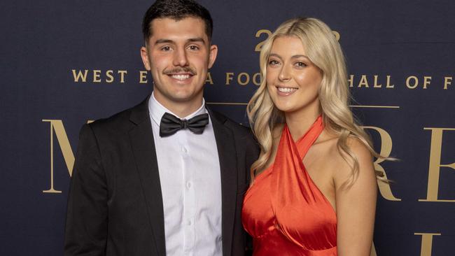 Adelaide: 11 September 2023: Hayden Sampson & Ella Anderson on the  Red Carpet at the Magarey Medal Presentation at Adelaide Oval. Picture Kelly Barnes