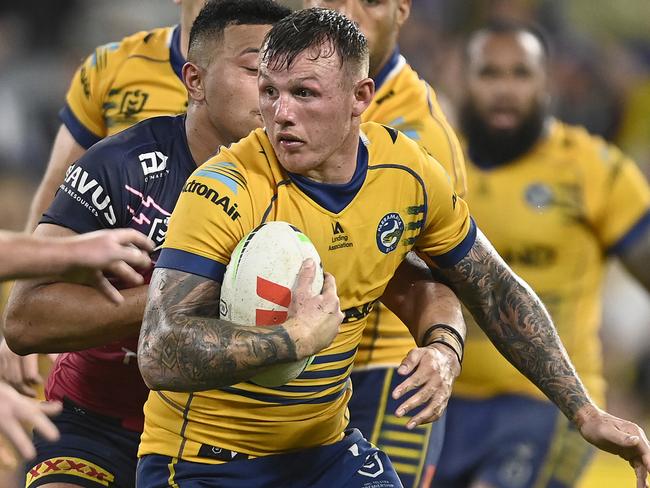 J'Maine Hopgood runs the ball during the round 21 NRL match between North Queensland Cowboys and Parramatta Eels at Qld Country Bank Stadium on July 22, 2023 in Townsville, Australia. (Photo by Ian Hitchcock/Getty Images)