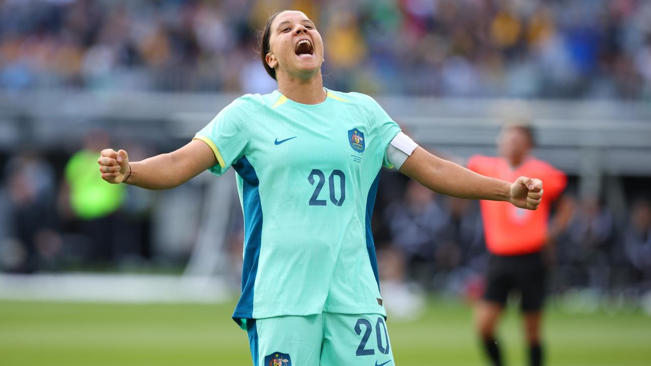 PERTH, AUSTRALIA - OCTOBER 29: Sam Kerr of the Matildas celebrates her 2nd goal during the AFC Women's Asian Olympic Qualifier match between Philippines and Australia Matildas at Optus Stadium on October 29, 2023 in Perth, Australia. (Photo by James Worsfold/Getty Images)