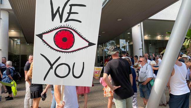 Anti-vaccine mandate protesters gather at the Cairns Regional Council meeting. Picture: Chris Calcino