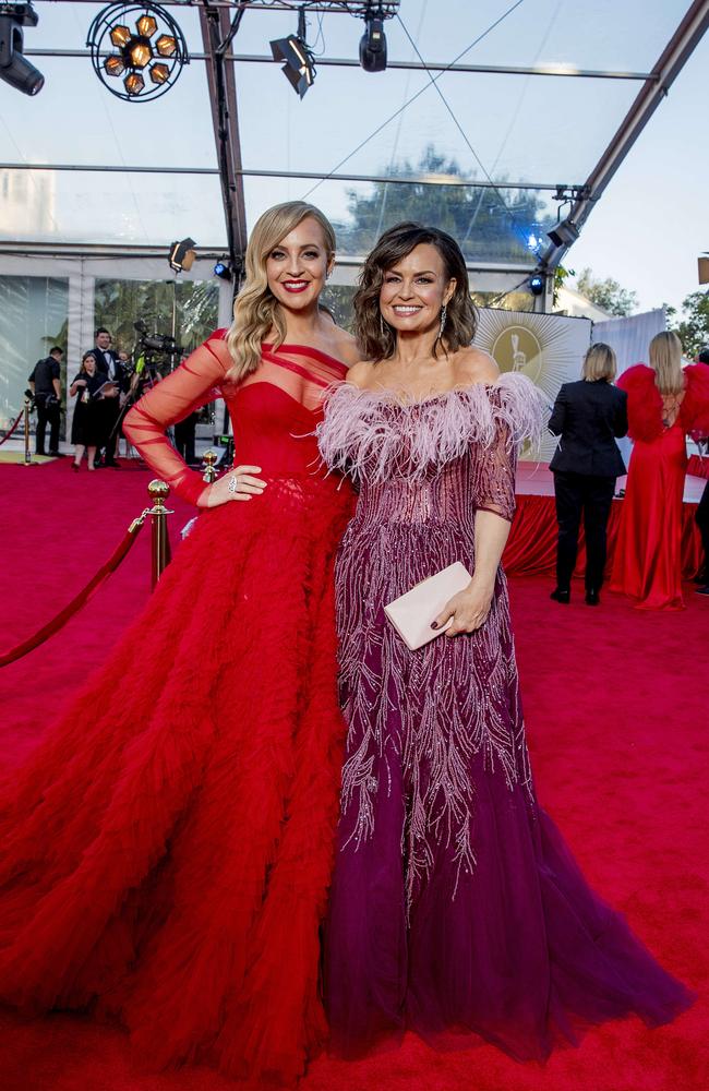 Carrie Bickmore and Lisa Wilkinson at the 2019 Logies. Picture: Jerad Williams