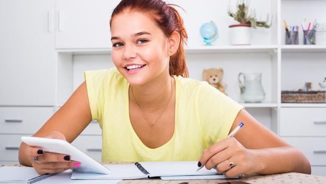 Young smiling girl student sitting and studying indoors