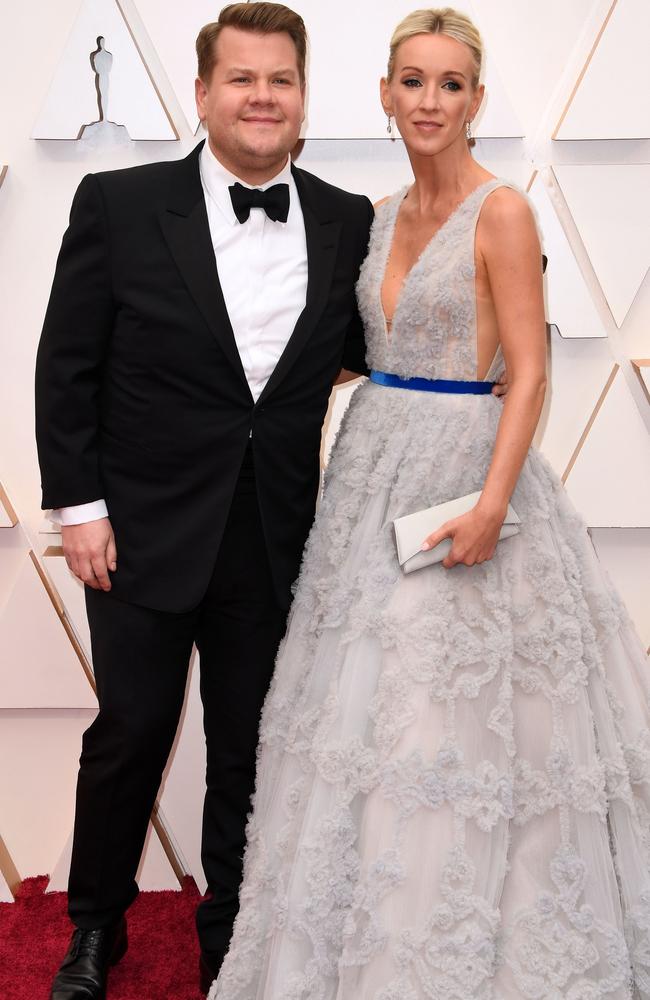 James Corden and his wife Julia Carey. Picture: Robyn Beck / AFP