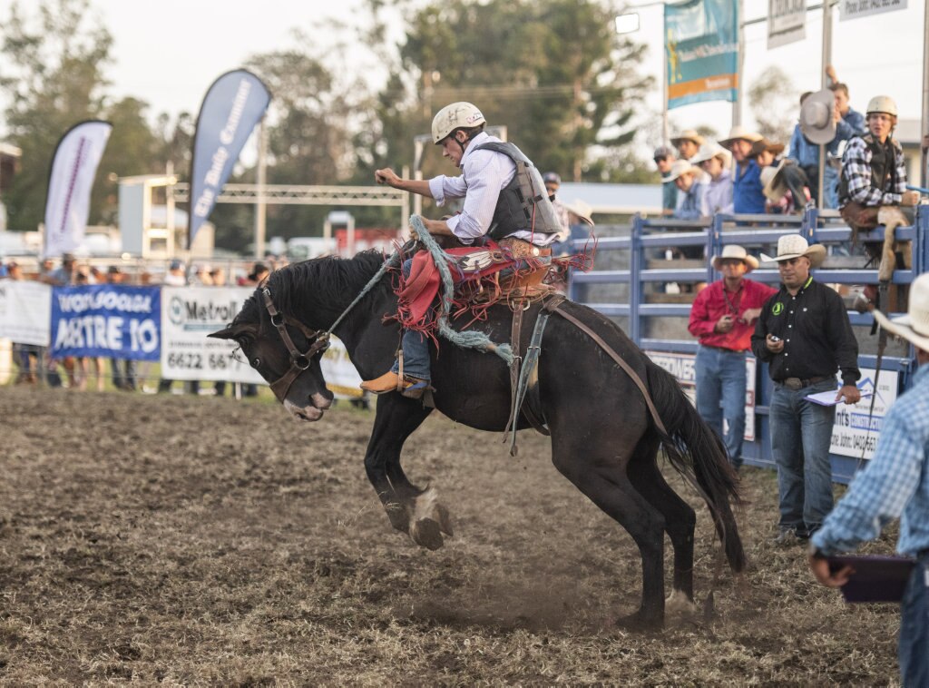 Ben Wickham starts his saddle bronc ride at the Lawrence Twilight Rodeo. Picture: Adam Hourigan