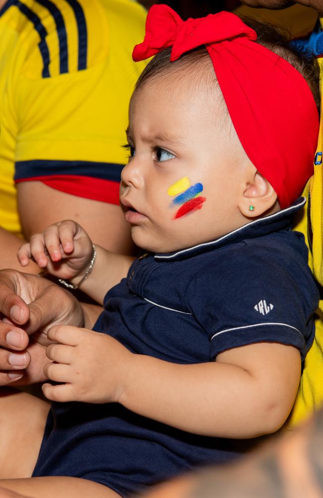 Boisterous Colombian supporters watching their national side take on Argentina in the 2024 Copa America Final at the Lost Arc, Darwin. Picture: Pema Tamang Pakhrin.