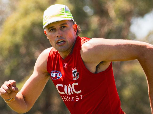 St Kilda ruck Rowan Marshall put through his paces at St Kilda training on Wednesday. Photo: Jack Cahill.