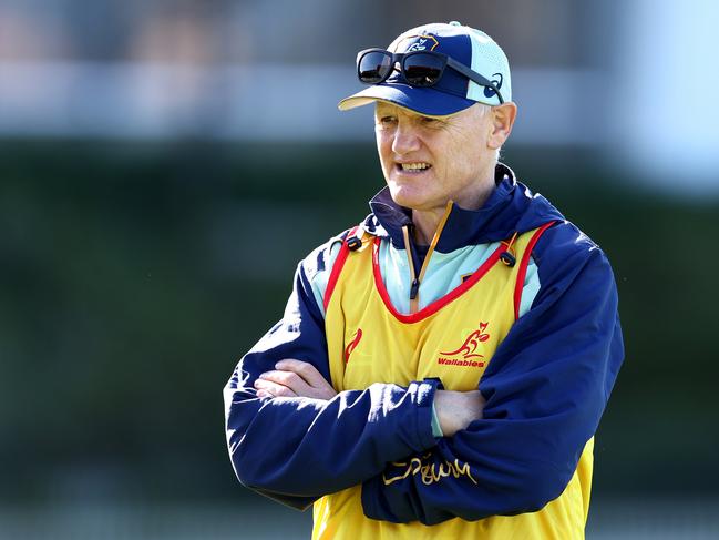 SYDNEY, AUSTRALIA - JULY 18: Wallabies coach, Joe Schmidt looks on during a Wallabies training session at Concord Oval on July 18, 2024 in Sydney, Australia. (Photo by Brendon Thorne/Getty Images)