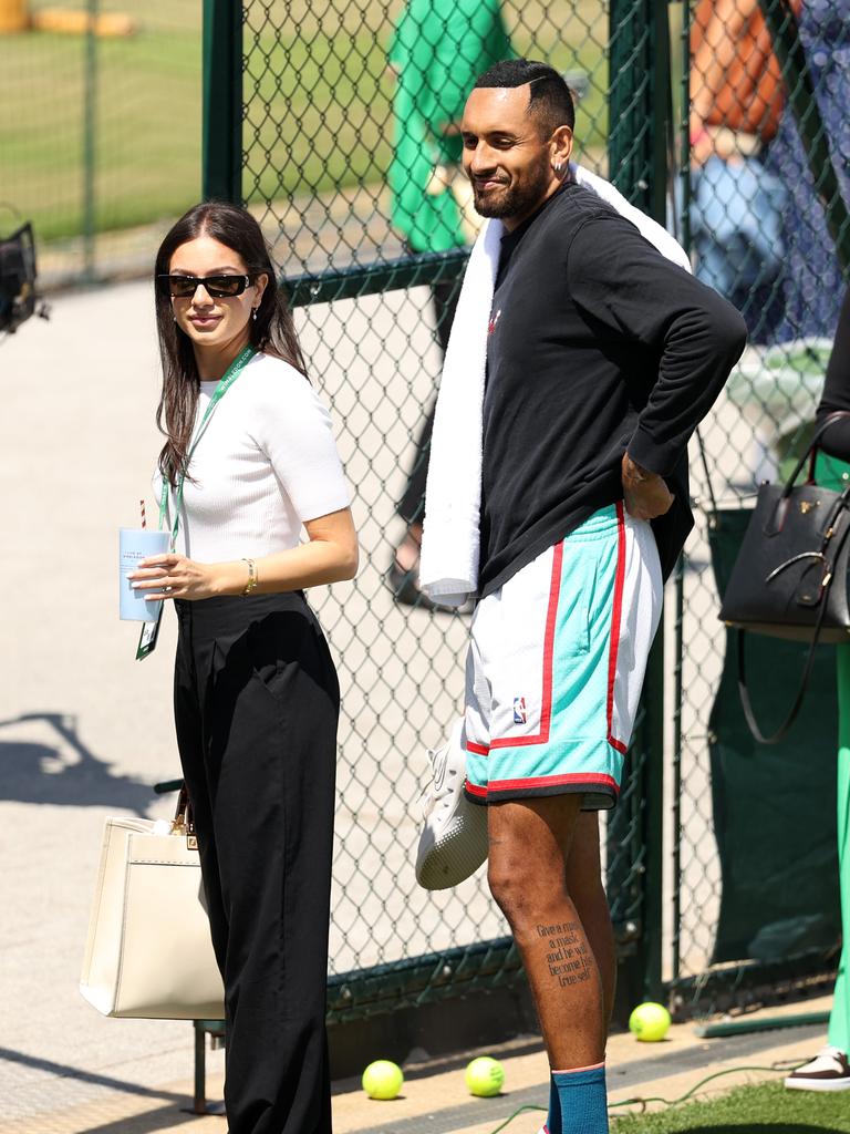 LONDON, ENGLAND - JULY 04: Nick Kyrgios of Australia interacts with partner Costeen Hatzi prior to a training session on day eight of The Championships Wimbledon 2022 at All England Lawn Tennis and Croquet Club on July 04, 2022 in London, England. (Photo by Ryan Pierse/Getty Images)