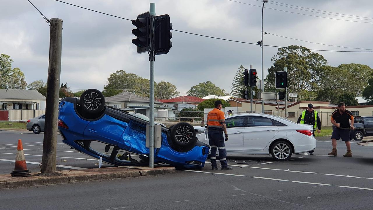 A car has flipped onto its roof in a two-vehicle crash in Newtown in Toowoomba. Picture: Matthew Newton