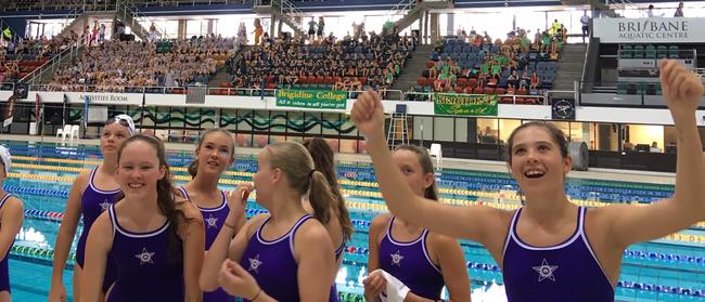 Lourdes Hill College swimmers at the CaSSSA swimming carnival responding to supporters dancing.