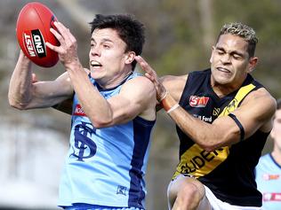 SANFL - Sturt v Glenelg at Peter Motley Oval. Jack Stephens and Dominic Barry. Picture Sarah Reed