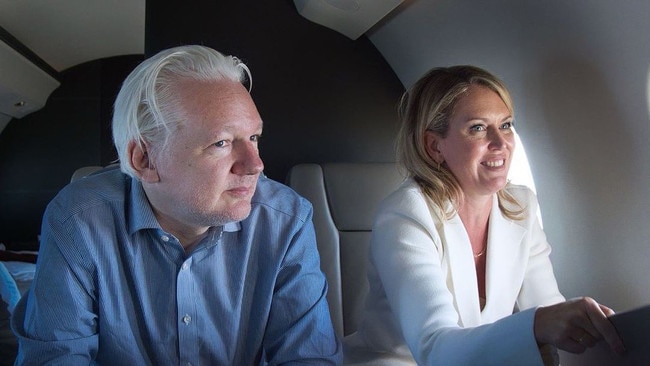 Julian Assange with Jennifer Robinson on his freedom flight home in June. Picture: Instagram