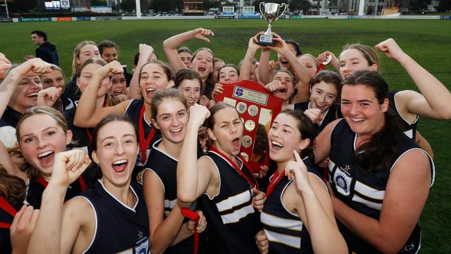 Caulfield Grammar celebrate their Herald Sun Shield success.