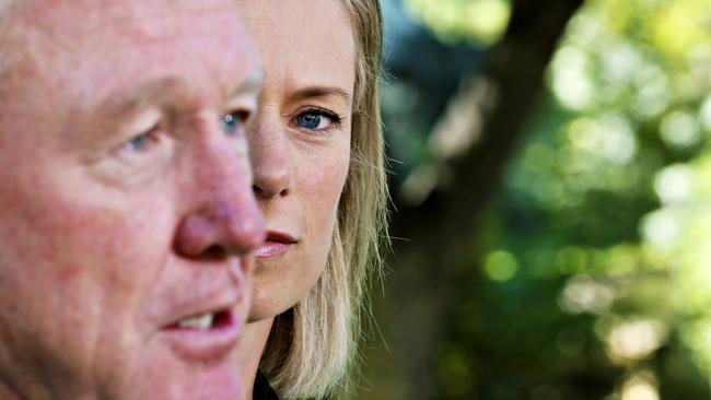 Bryan Green announcing his resignation today, with his successor Rebecca White looking on. Picture: RICHARD JUPE