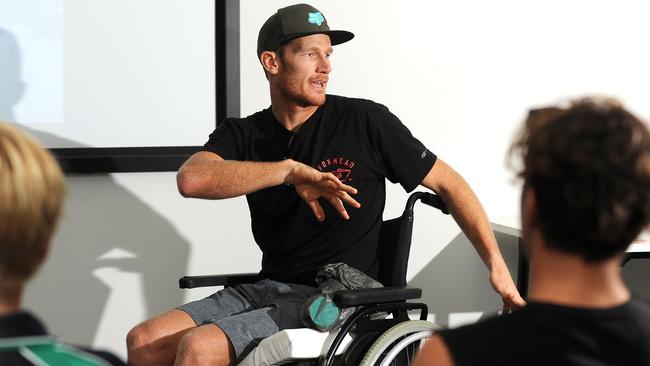 Bede Durbidge at his annual grom camp, but this time he was in his wheelchair. Picture John Gass