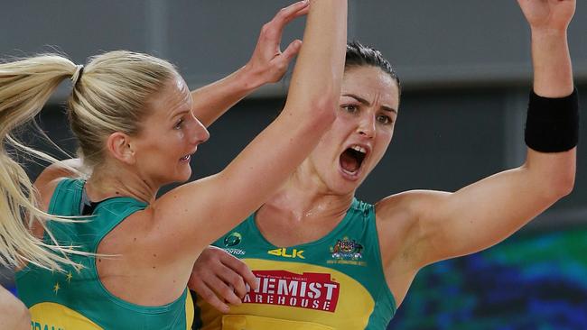 Diamonds stars April Brandoey (left) and Sharni Layton on Sunday.