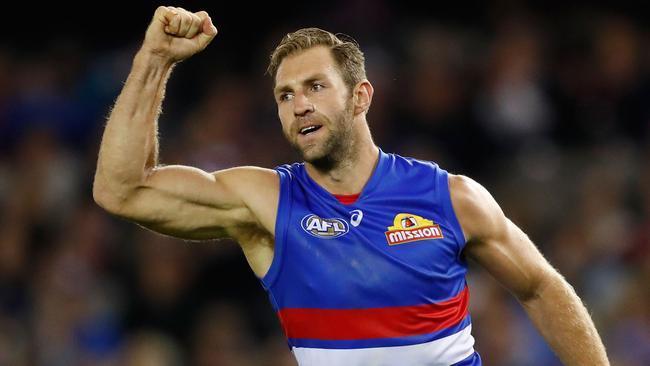 Travis Cloke celebrates a goal in Western Bulldogs colours.