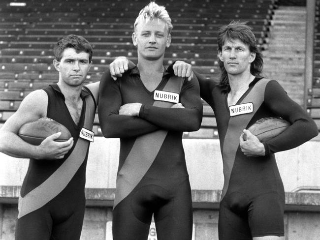 Essendon’s Andrew Manning, John Barnes and Kieran Sporn in 1990.