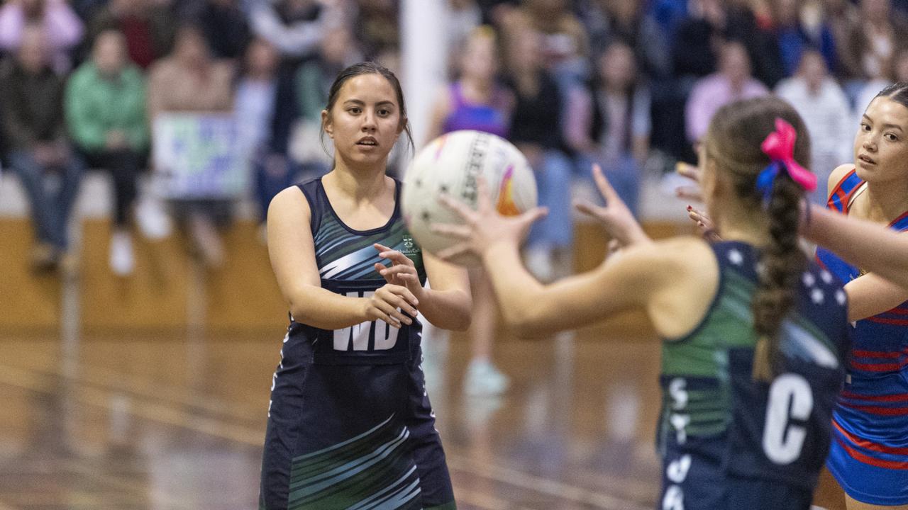 Aaliyah Selby for St Ursula's Senior A against Downlands First VII in Merici-Chevalier Cup netball at Salo Centre, Friday, July 19, 2024. Picture: Kevin Farmer