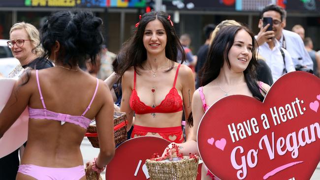 PETA activists gathered on the Town Hall steps in Sydney’s CBD. Picture: NCA NewsWire/ Nicholas Eagar