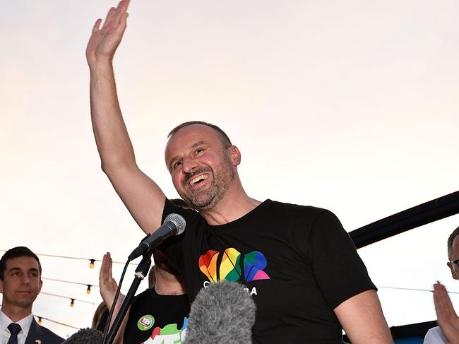 CANBERRA, AUSTRALIA - NOVEMBER 15:  Crowds gather on Lonsdale Street in Canberra to celebrate the results of the same-sex marriage survey and to listen to members of parliament including Andrew Barr, Chief Minister of the ACT on November 15, 2017 in Canberra, Australia. Australians have voted for marriage laws to be changed to allow same-sex marriage, with the Yes vote claiming 61.6% to to 38.4% for No vote. Despite the Yes victory, the outcome of Australian Marriage Law Postal Survey is not binding, and the process to change current laws will move to the Australian Parliament in Canberra.  (Photo by Michael Masters/Getty Images)