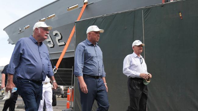 Leichhardt MP Warren Entsch, Defence Minister Peter Dutton and Maurie McNarn of Norsta tour the Norship facility in Portsmith on Wednesday. Picture: Peter Carruthers