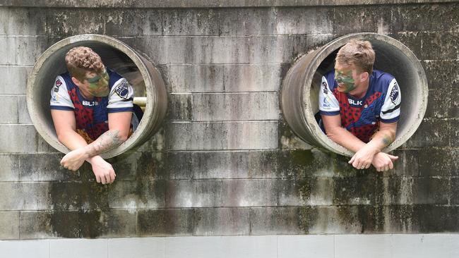 The Australian Army are partnering with the Gold Coast Cyclones representative rugby program to cement the relationship between the Canungra base troops and the Coast. Cyclones players at the base ground warfare obstacle course at Kokoda Barracks. Lachlan Currie and Scott Stokes. Picture: Lawrence Pinder