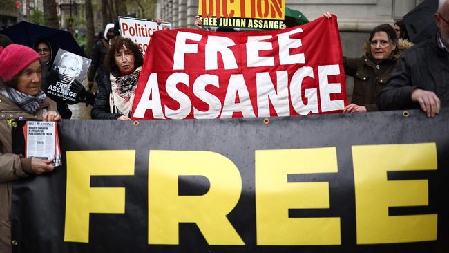 Supporters of WikiLeaks founder Julian Assange protest outside the Australian High Commission in central London.