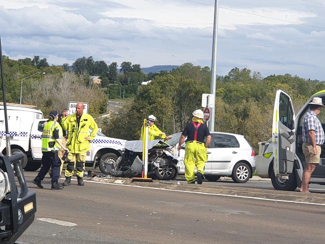 Emergency crews attend a nasty crash involving two cars near Normanby Bridge on Sunday afternoon.