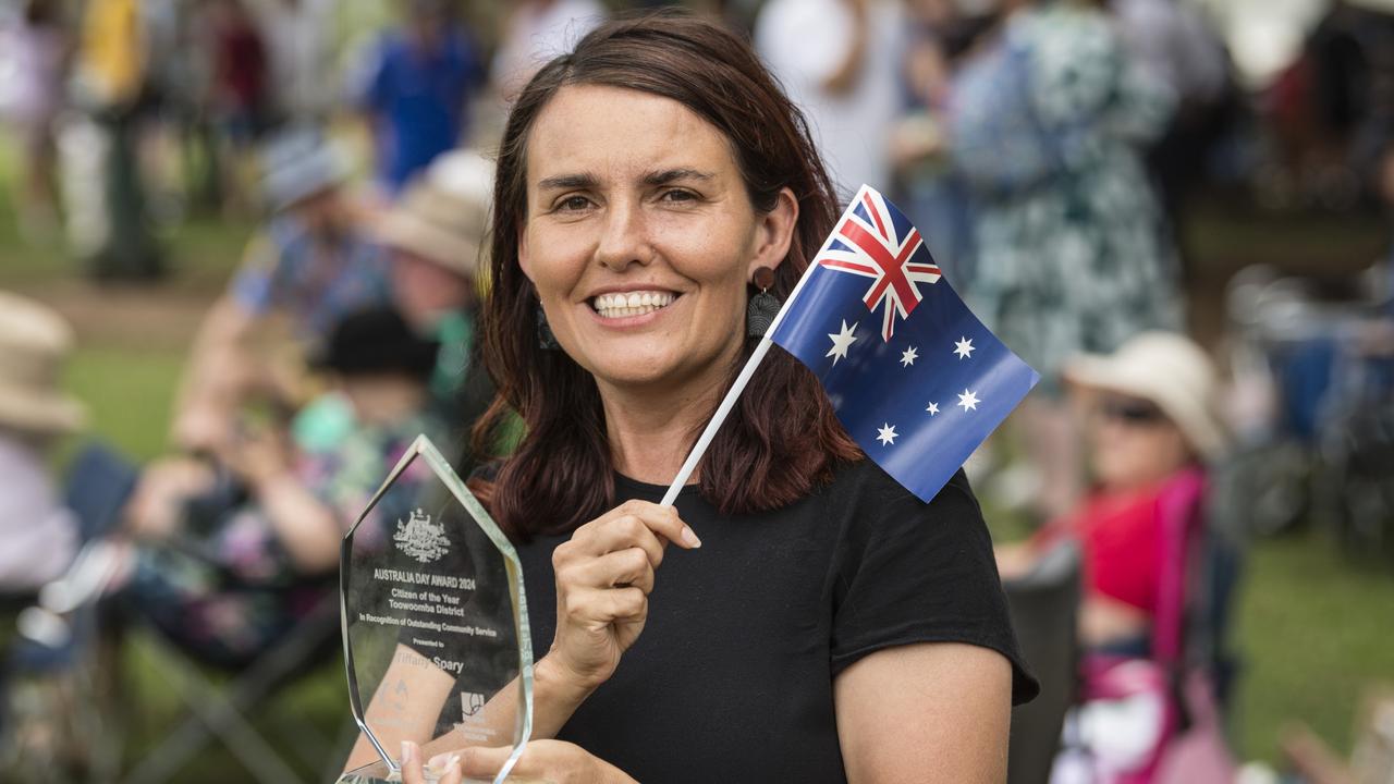 Tiffany Spary, of BASE Services, is the Toowoomba Citizen of the Year presented at Toowoomba Australia Day Awards at Picnic Point, Friday, January 26, 2024. Picture: Kevin Farmer