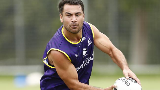 MELBOURNE, AUSTRALIA - JANUARY 04: Jahrome Hughes takes part during a Melbourne Storm NRL training session at Gosch's Paddock on January 04, 2021 in Melbourne, Australia. (Photo by Darrian Traynor/Getty Images)