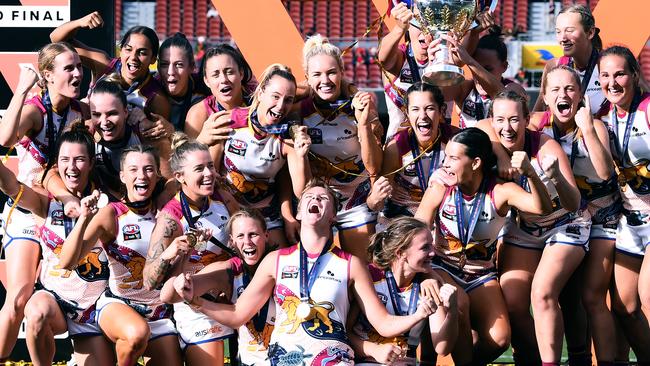 Brisbane celebrates its 2021 AFLW premiership win over Adelaide at Adelaide Oval. Picture: MARK BRAKE/GETTY IMAGES