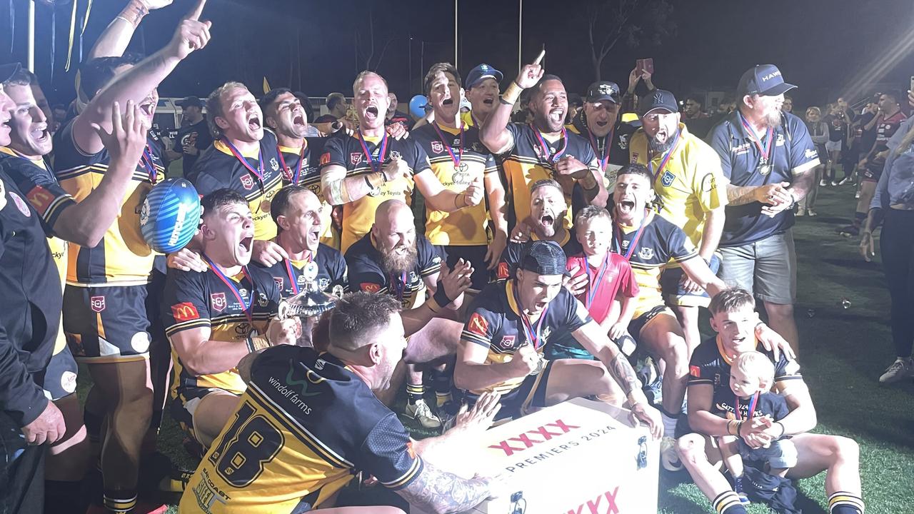 Gatton Hawks celebrate the 2024 Toowoomba Rugby League grand final win.