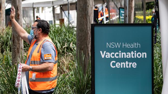 People outside the Vaccination Hub at Sydney Olympic Park, Sydney. Picture: NCA NewsWire / James Gourley