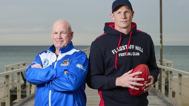 Andrew Jarman and Sam Jacobs at Henley Beach, ahead of the 2023 local football season. Picture: Matt Loxton