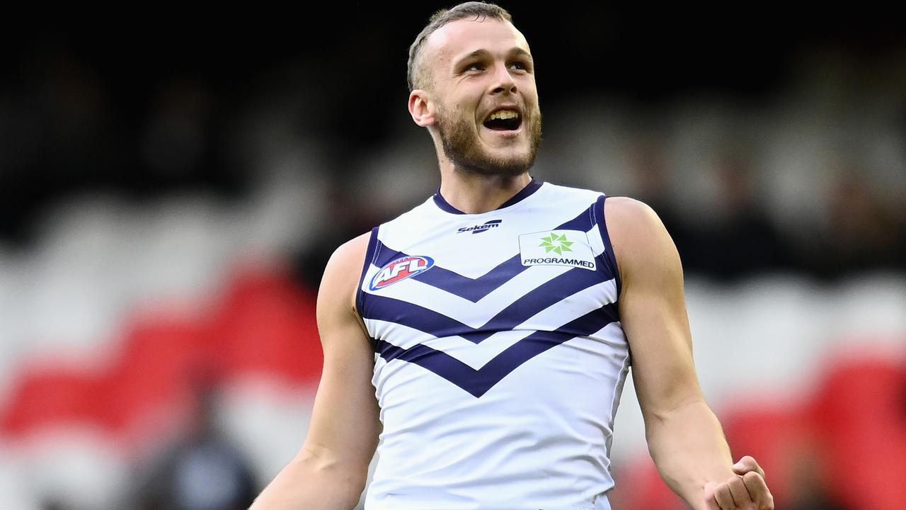 Brett Bewley celebrates a big goal in the final quarter.